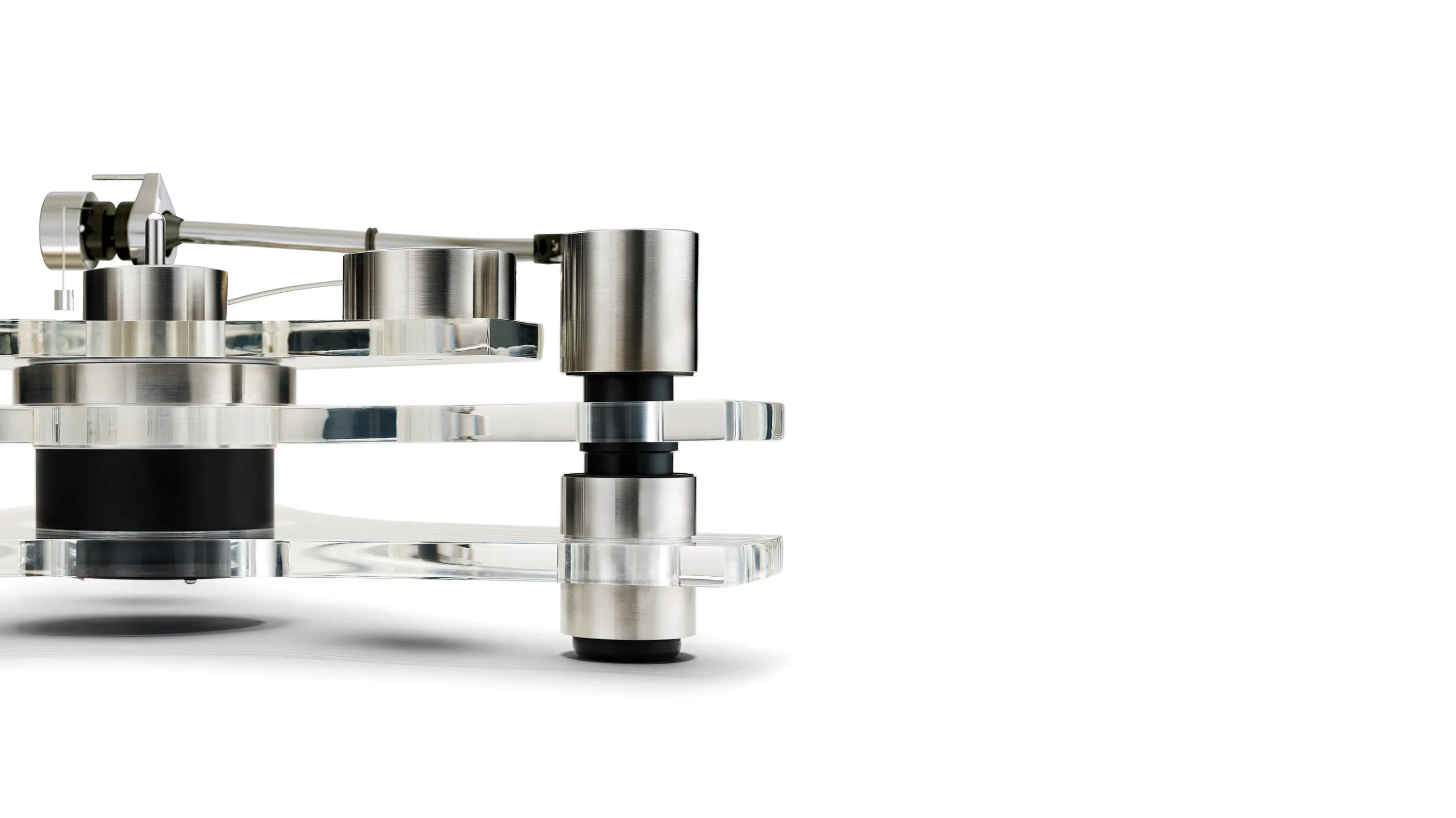 Right side close-up of GT2101 tonearm and acrylic plinth structure