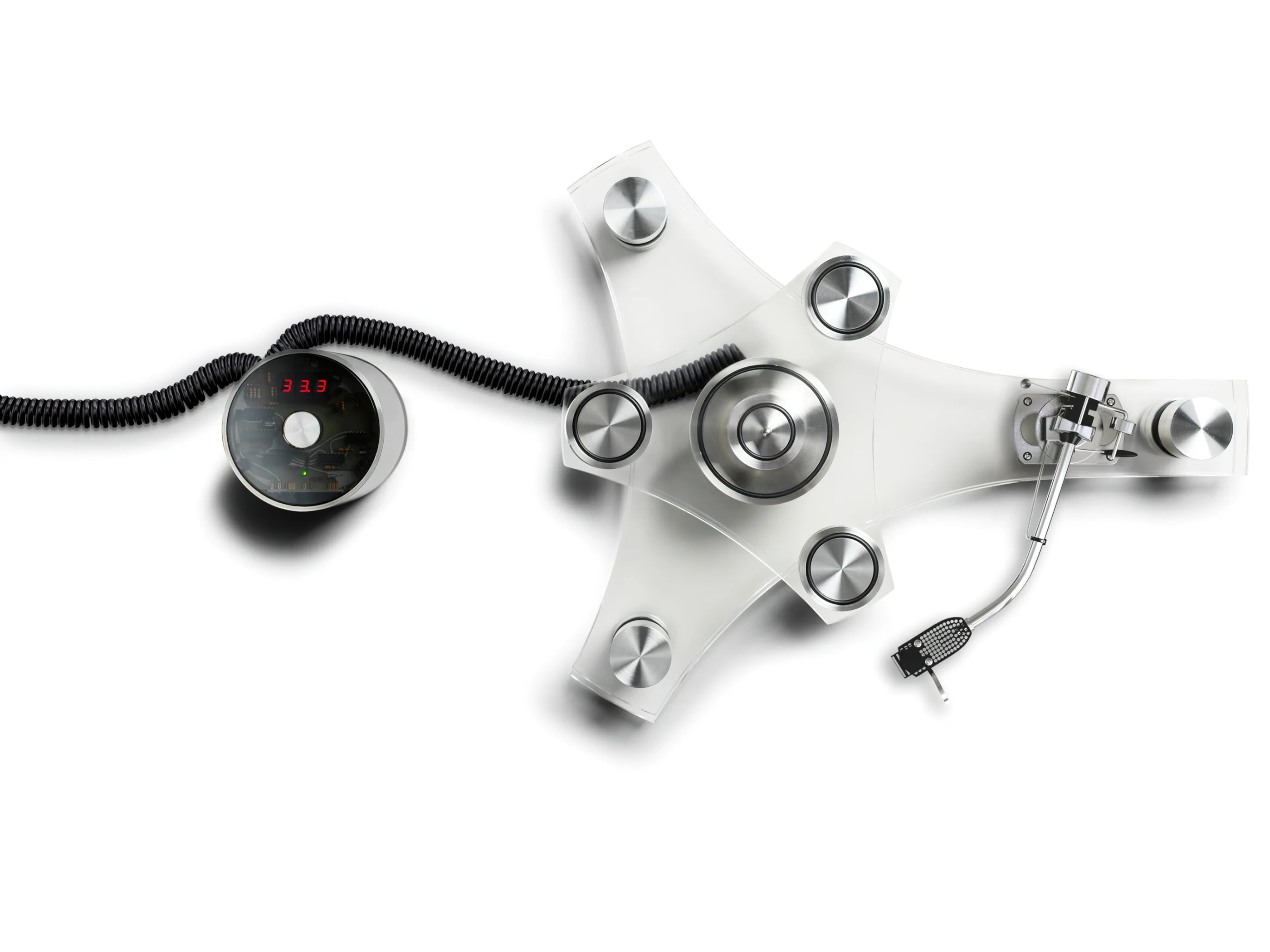 Top-down view of the GT2101 turntable with control tower and coiled connection cable