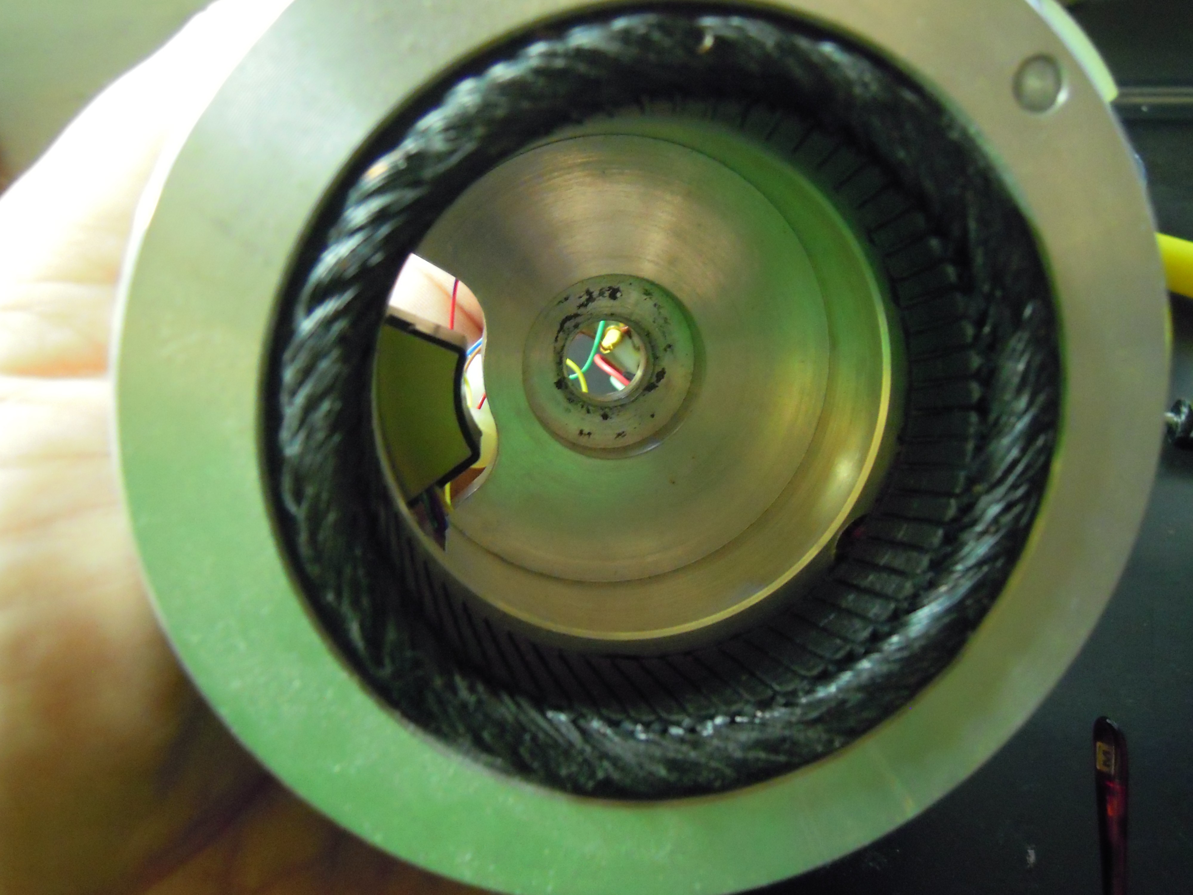 GT2101 motor stator, internal view down the housing showing coil pack and bore