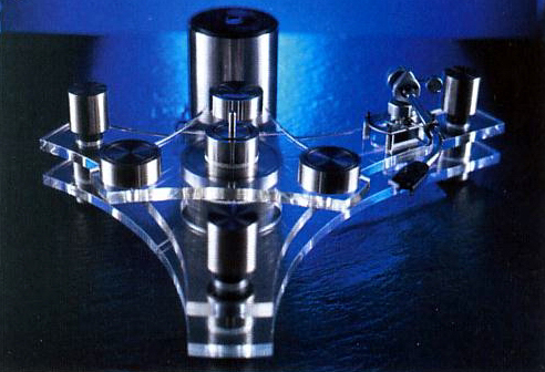 Publicity photo of the Gale GT2101 turntable with blue lighting and control tower